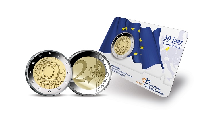 (afbeelding voor) 2 Euromunt Nederland 2015 BU Coincard - 30 Jaar europese vlag